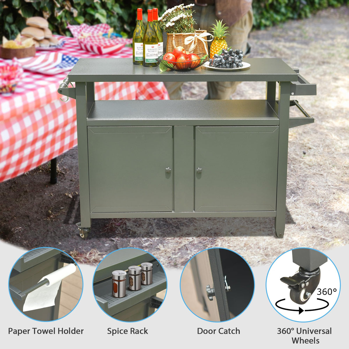 Metal Grill Cart with Wheels & Storage Cabinet