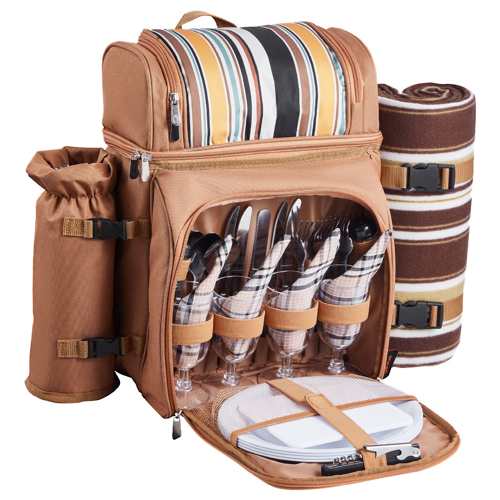 4-Person Picnic Backpack with Cooler Compartment Brown