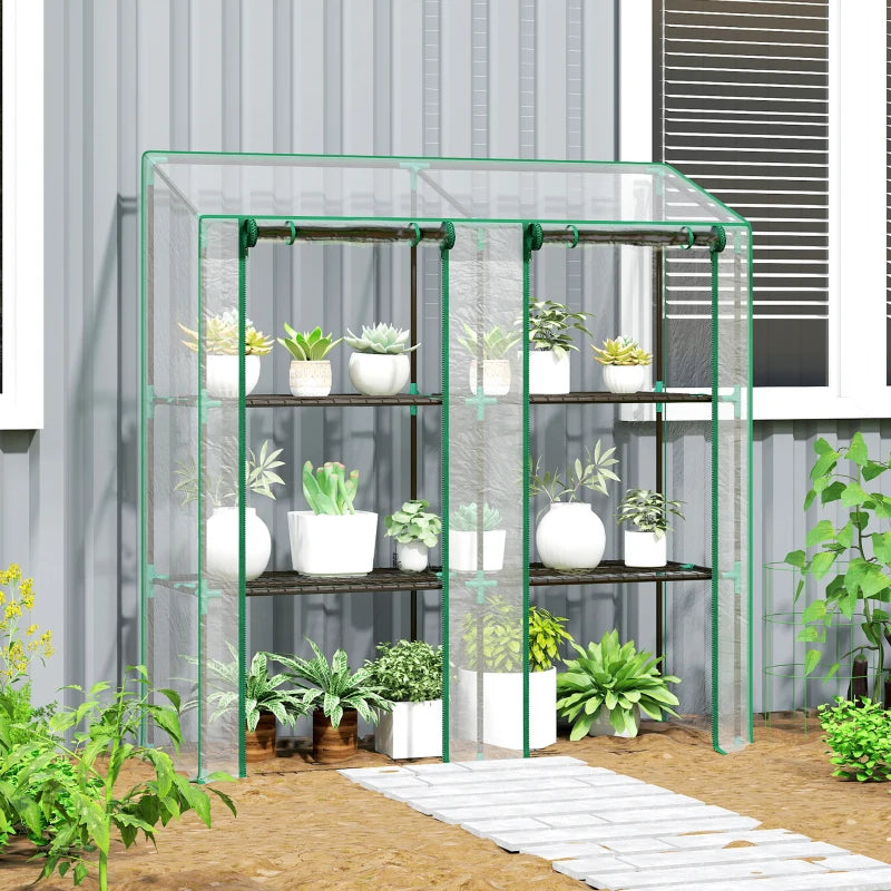 Lean-to Greenhouse with 3-Tier Shelves and Roll-Up Doors