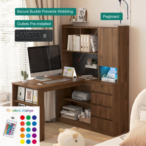 L-Shaped Corner Desk with Drawers and LED Light