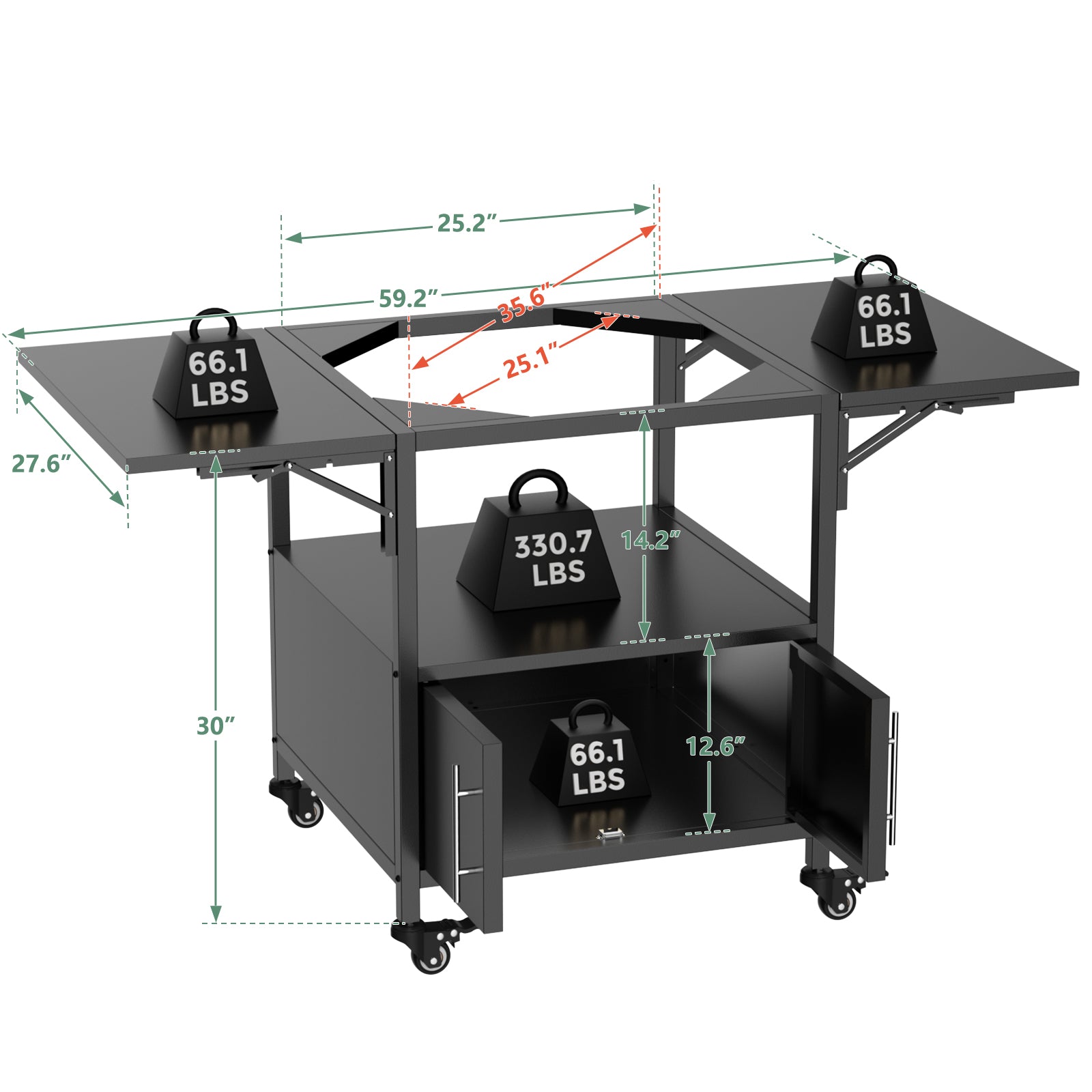 Outdoor Grill Cart with Folding Panels for Kamado Style BBQ