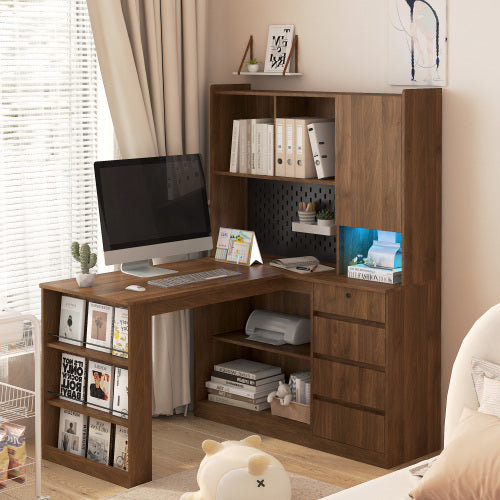L-Shaped Corner Desk with Drawers and LED Light
