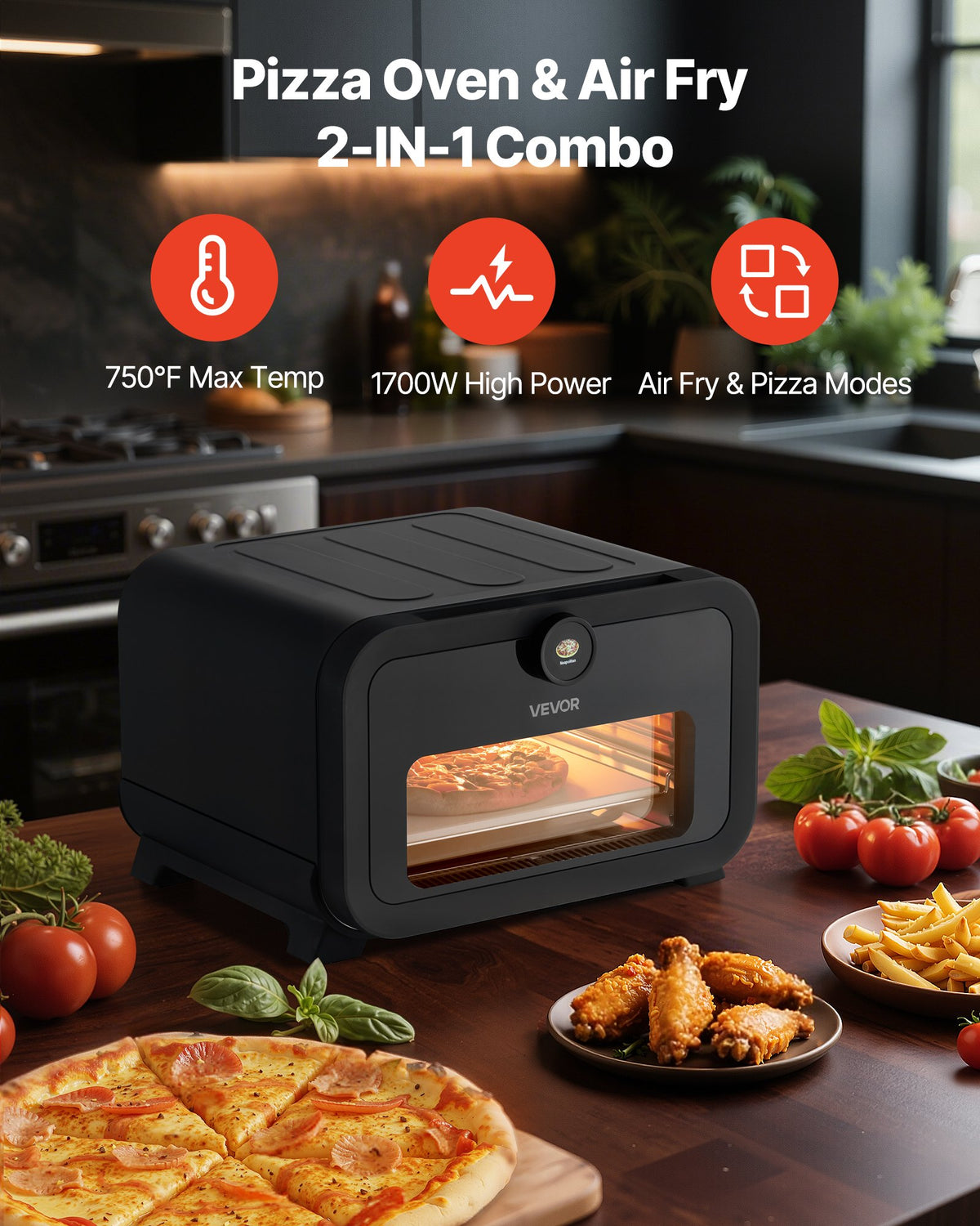 12-Inch Electric Pizza Oven with Air Fry Combo 750°F