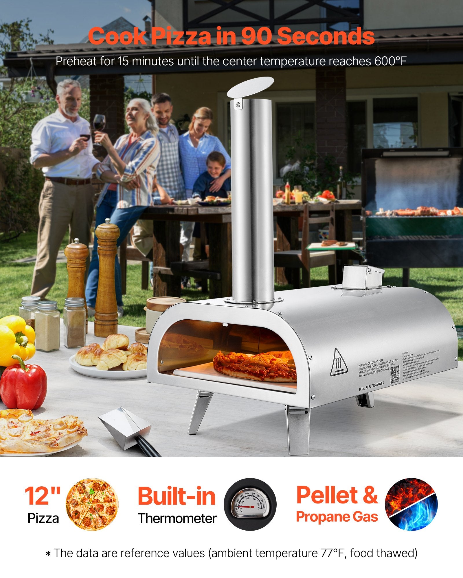 12' Portable Pellet & Gas Pizza Oven for Camping