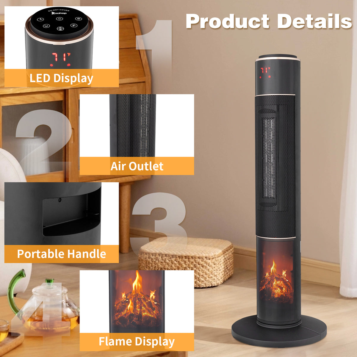 33 Inch Tower Space Heater 1500W Oscillating