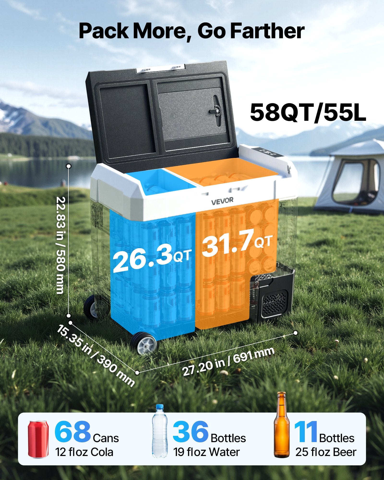 12/24V DC Car Refrigerator, 58 QT Dual Zone Cooler