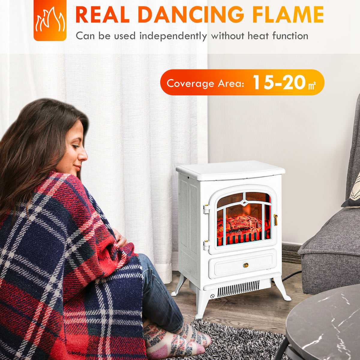 Electric Fireplace Stove Heater with LED Flames, 725W/1450W