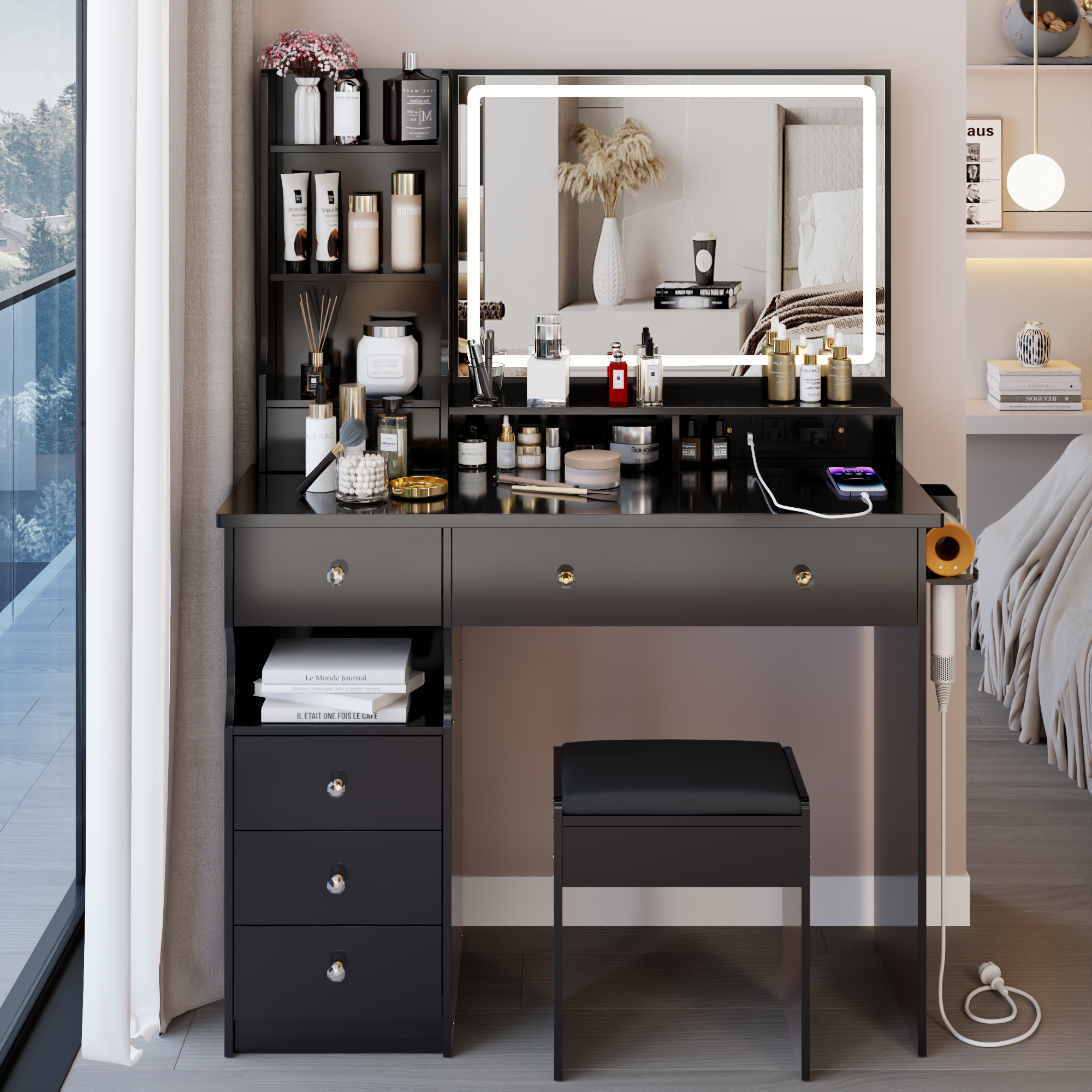 41" Large Vanity Desk Set with Cushioned Stool & LED Mirror