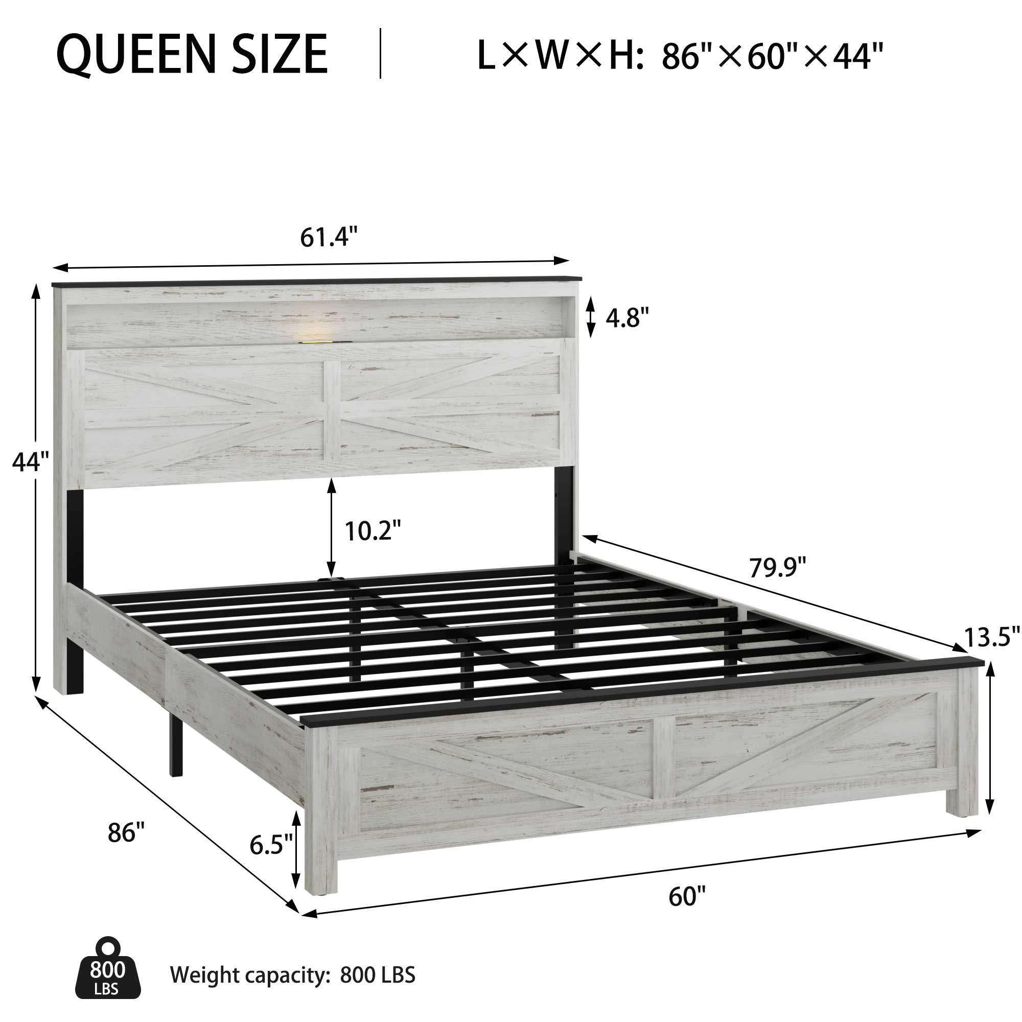 Queen Bed Frame with LED Lights & Charging Station