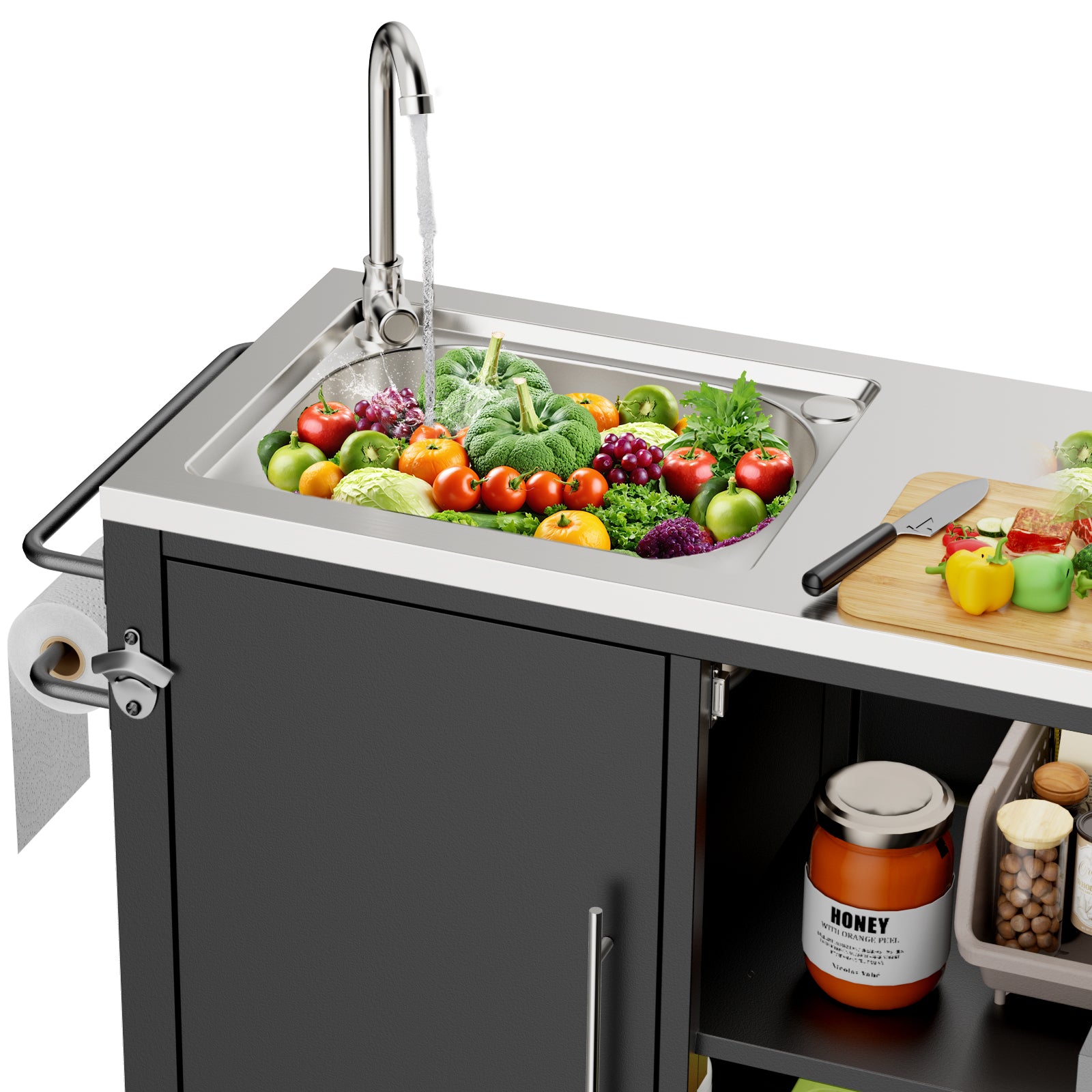 Outdoor Grill Cart with Stainless Steel Sink, 38x18x35in
