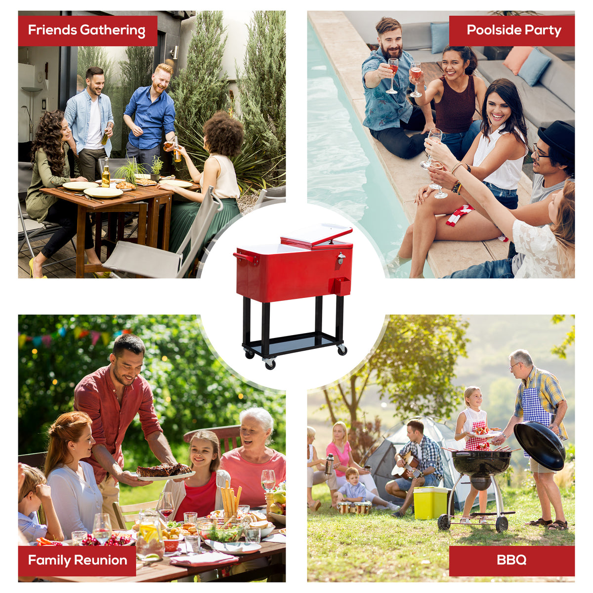 80 QT Rolling Cooler Cart with Wheels Ice Chest Red