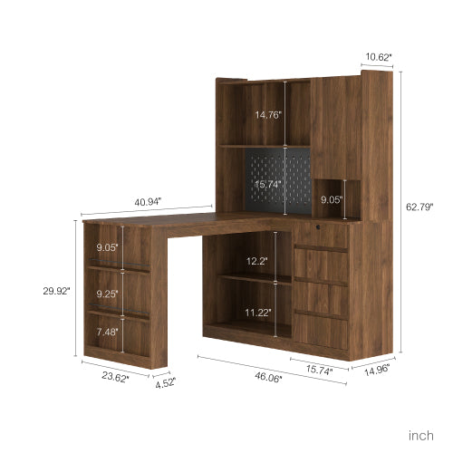L-Shaped Corner Desk with Drawers and LED Light