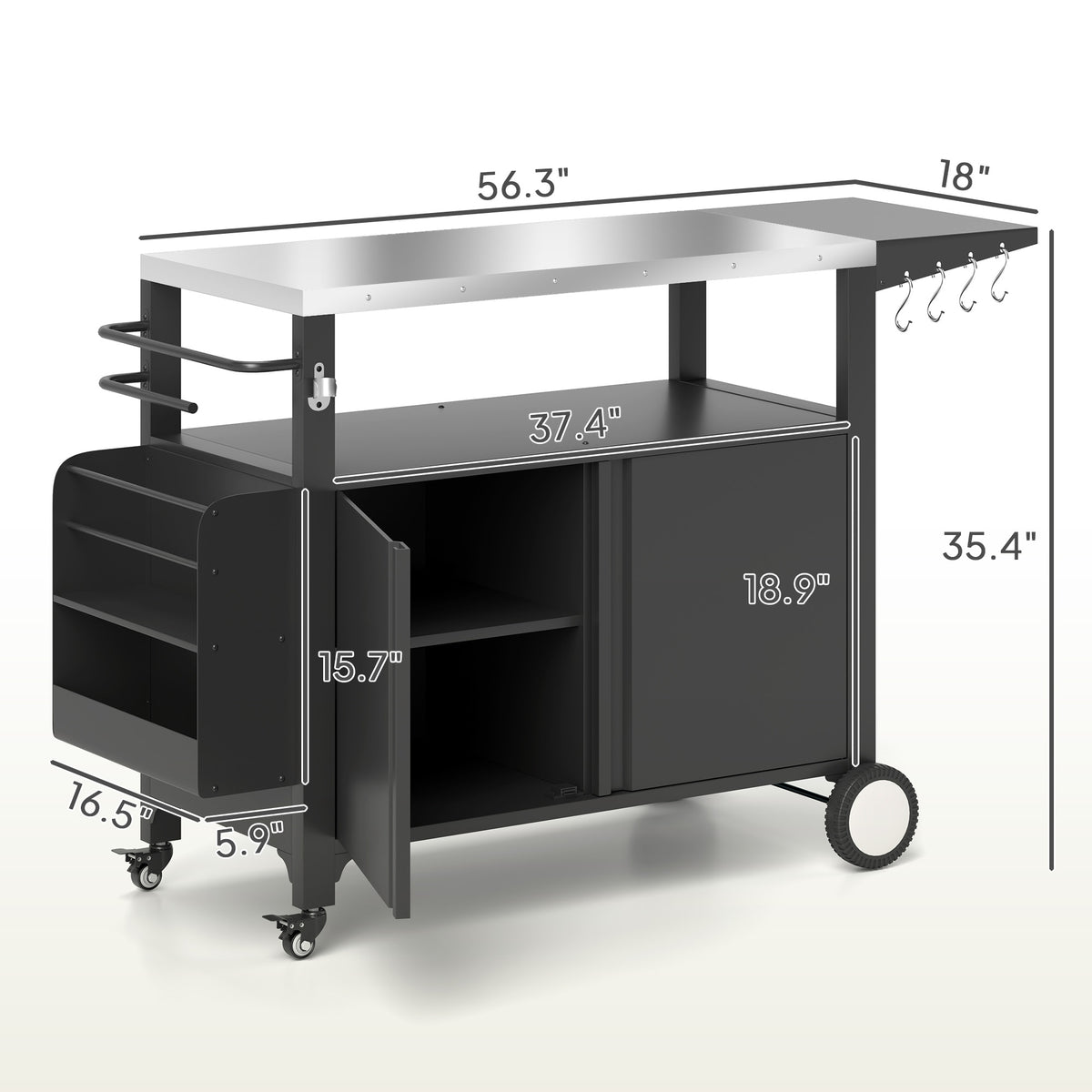 Stainless Steel Grill Cart with Foldable Side Table & Wheels