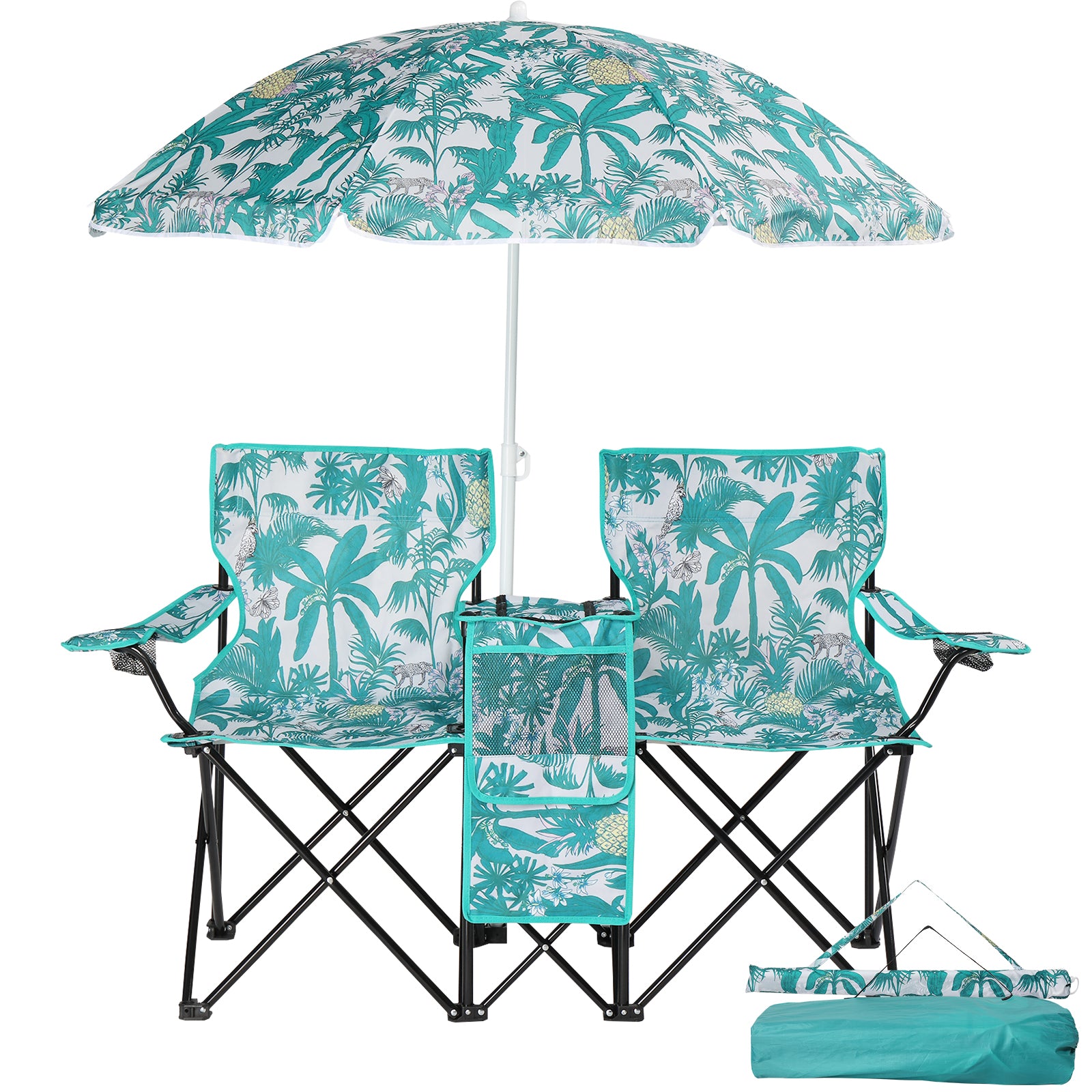 Folding Double Camping Chair with Umbrella & Cooler