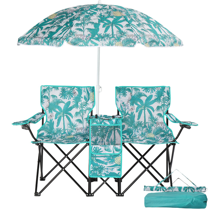 Folding Double Camping Chair with Umbrella & Cooler