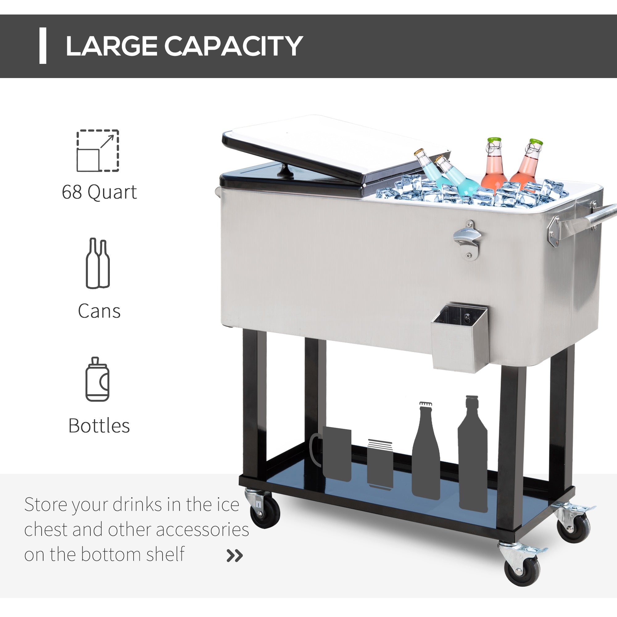 80 Qt Rolling Cooler Cart with Wheels for Outdoor Parties