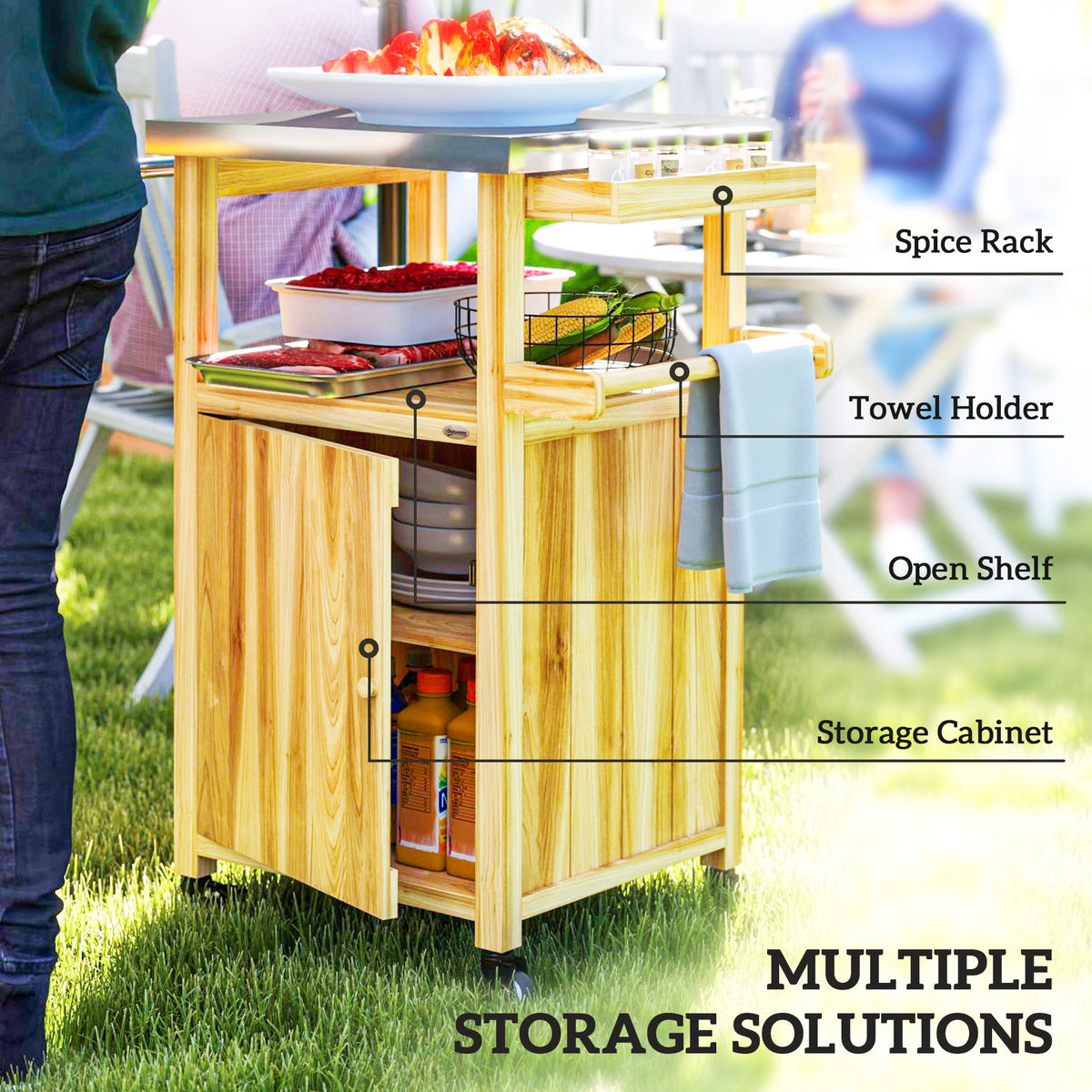 Outdoor Grill Cart w/ Stainless Steel Top & Wood Island