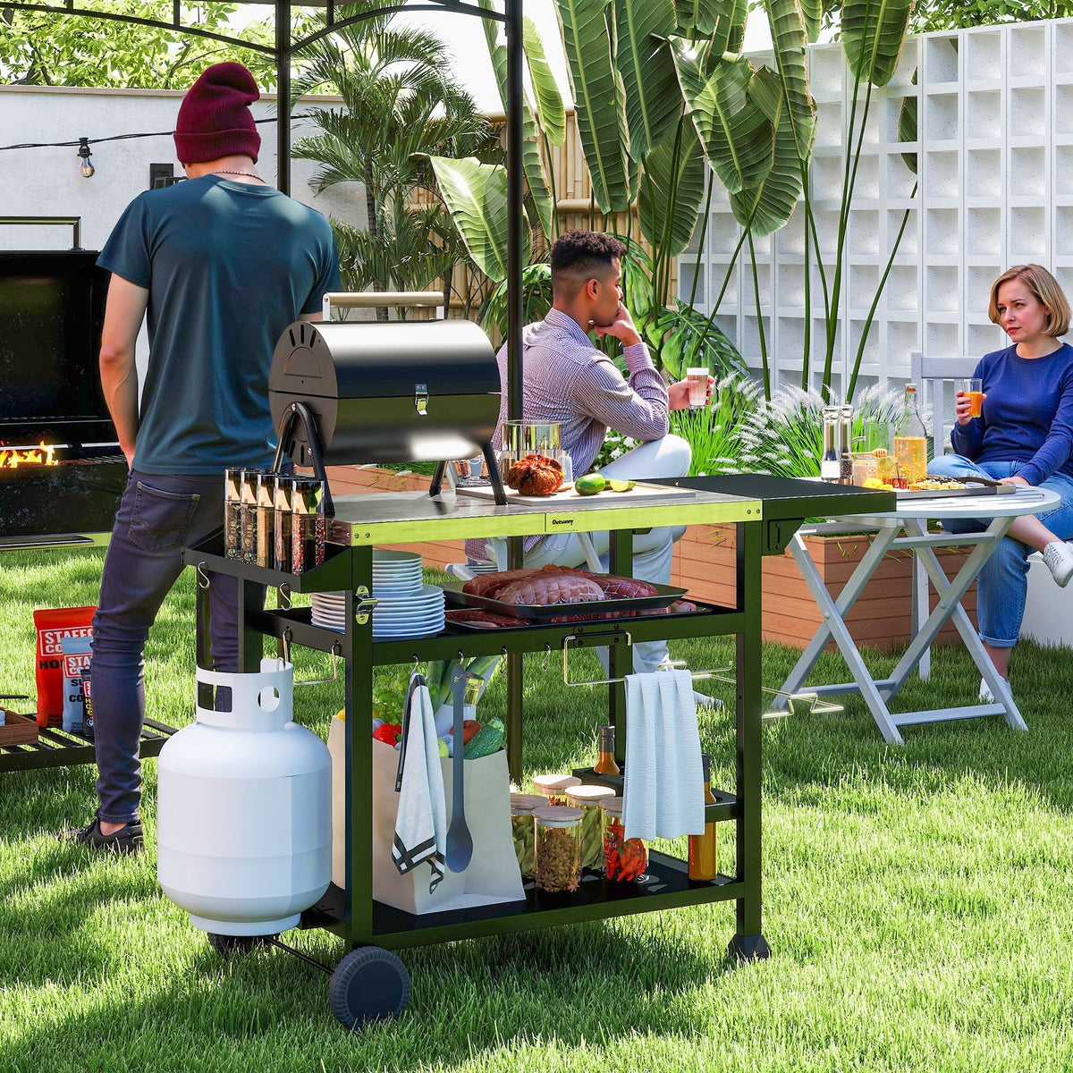 3-Shelf Stainless Steel Grill Cart with Foldable Side Table