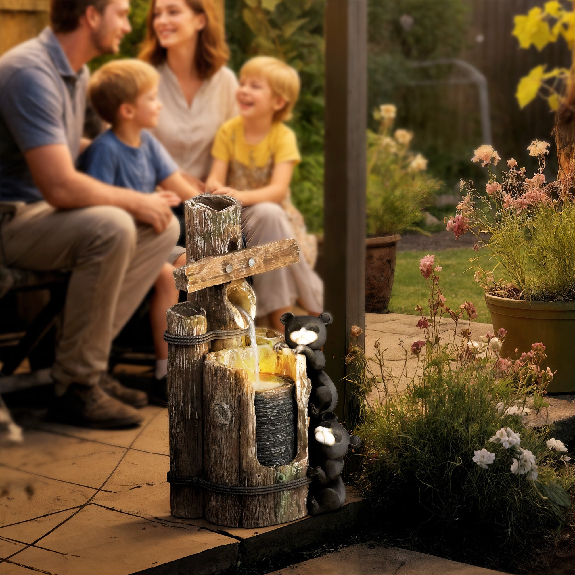 22.8" 3-Tier Resin Bear Outdoor Water Fountain with LED