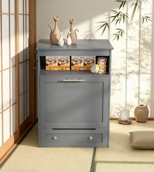 Dog Raised Bowl Feeder Station Storage Cabinet, Gray
