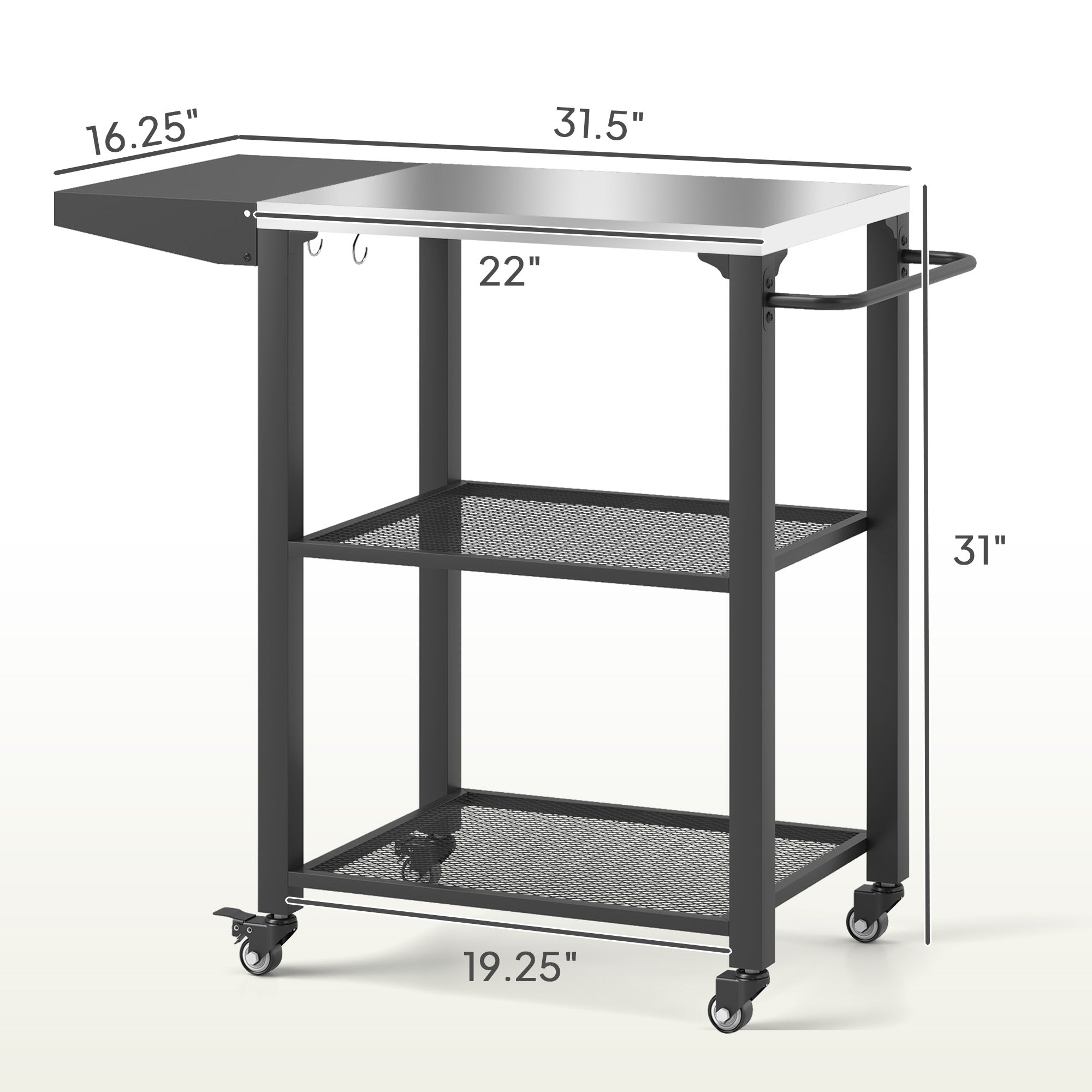 Three-Shelf Stainless Steel Outdoor Grill Cart with Foldable Side Table