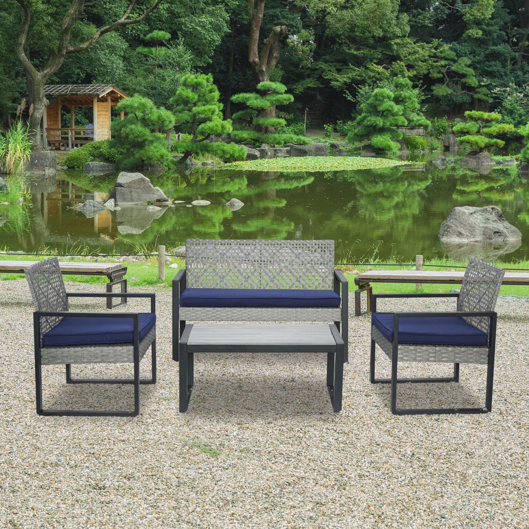 4-Piece Patio Set Acacia Wood & Rattan Blue Cushion