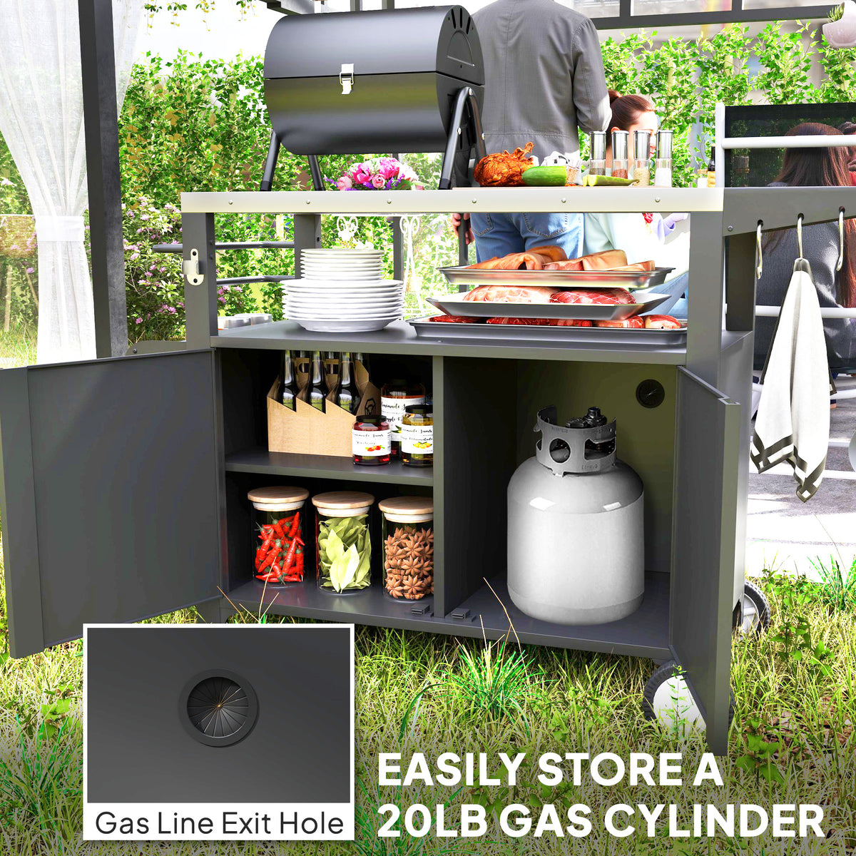 Stainless Steel Grill Cart with Foldable Side Table & Wheels