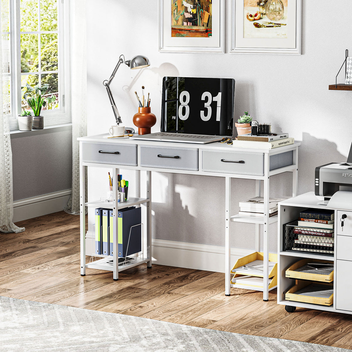 47" Computer Desk with Fabric Drawers and Adjustable Shelves