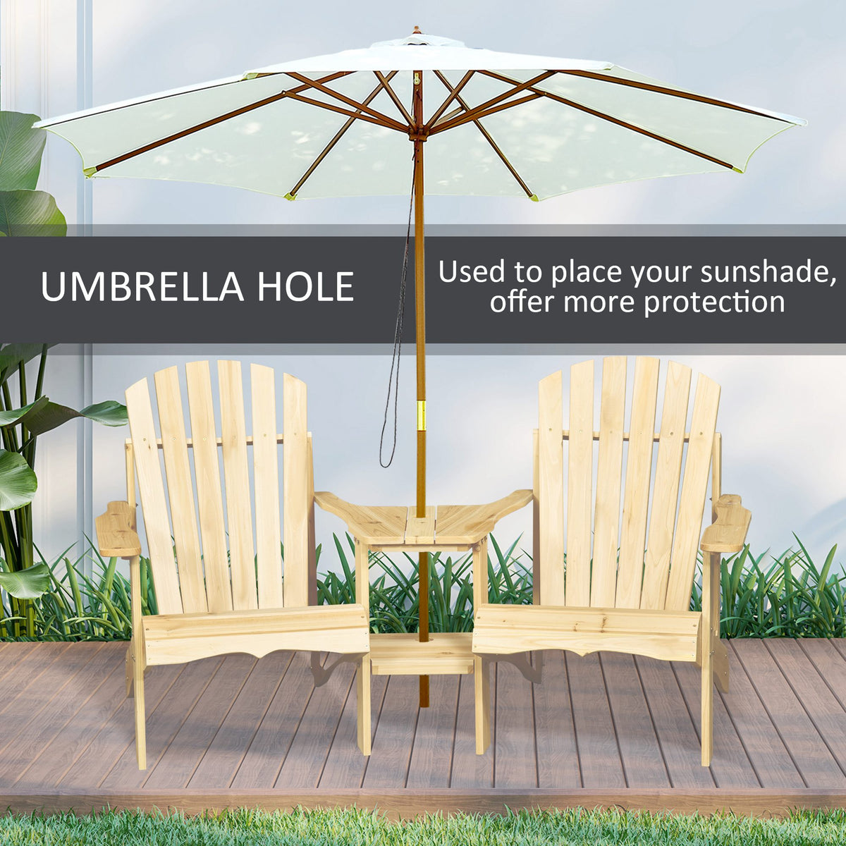 2-Person Adirondack Chair Set with Wooden Bench & Umbrella Hole Table