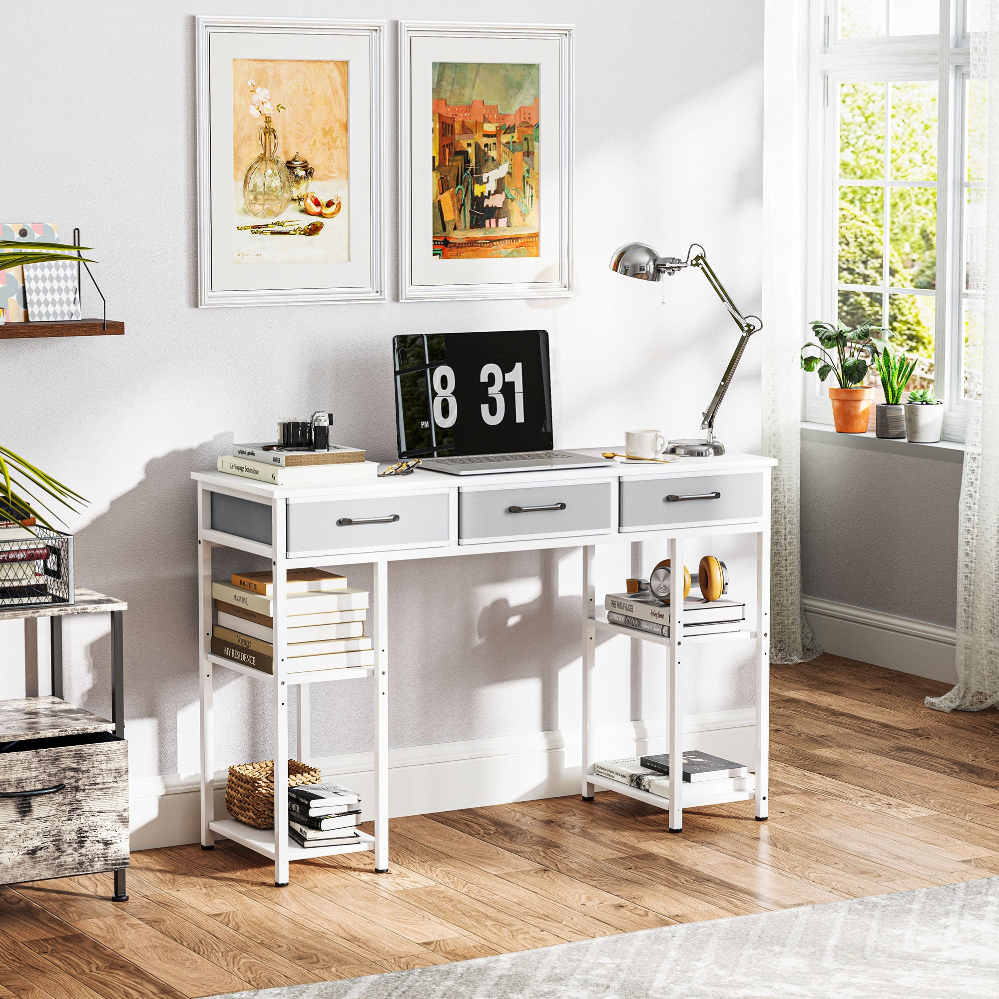 47" Computer Desk with Fabric Drawers and Adjustable Shelves