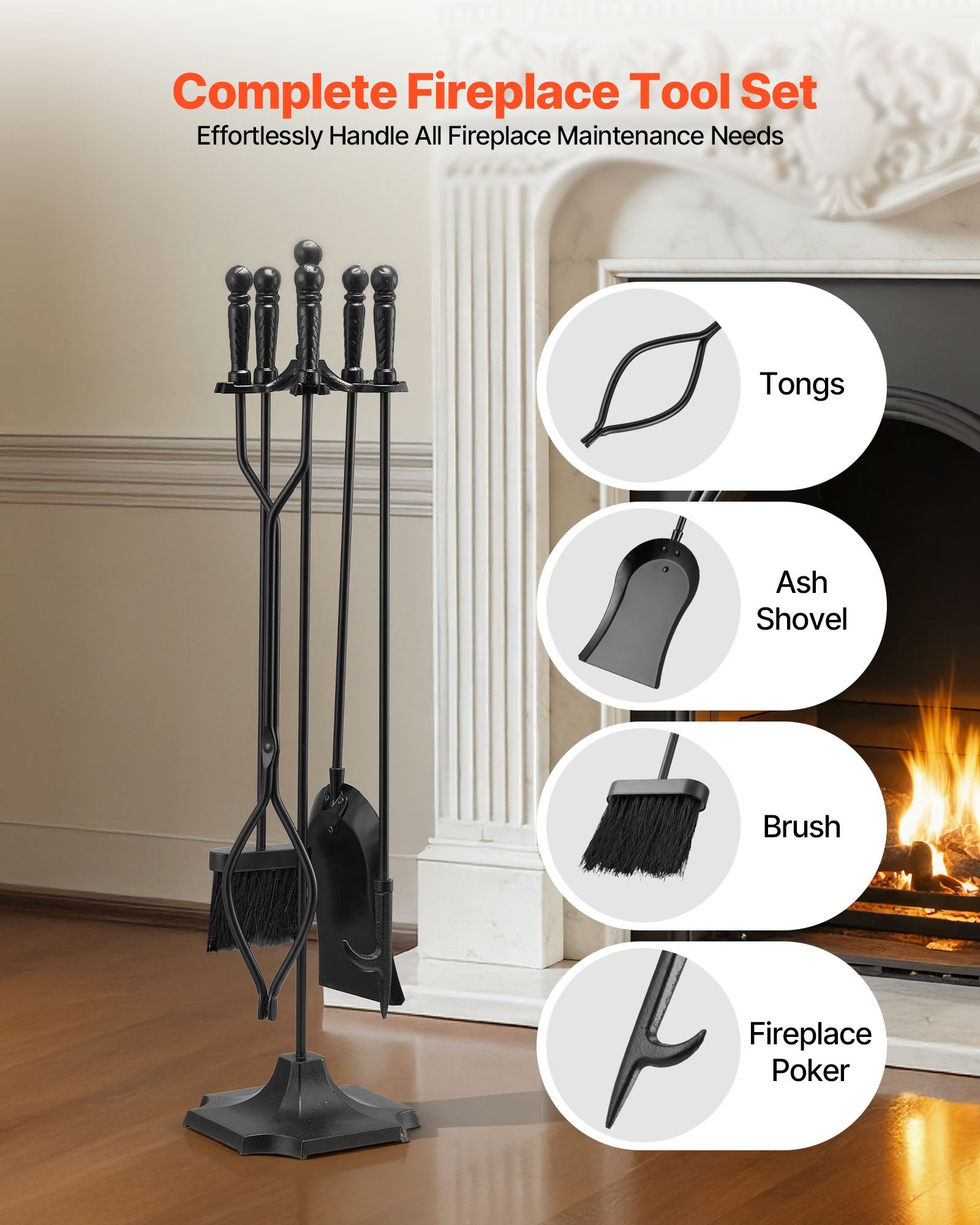 5-Piece Fireplace Tool Set with Stand, Wrought Iron