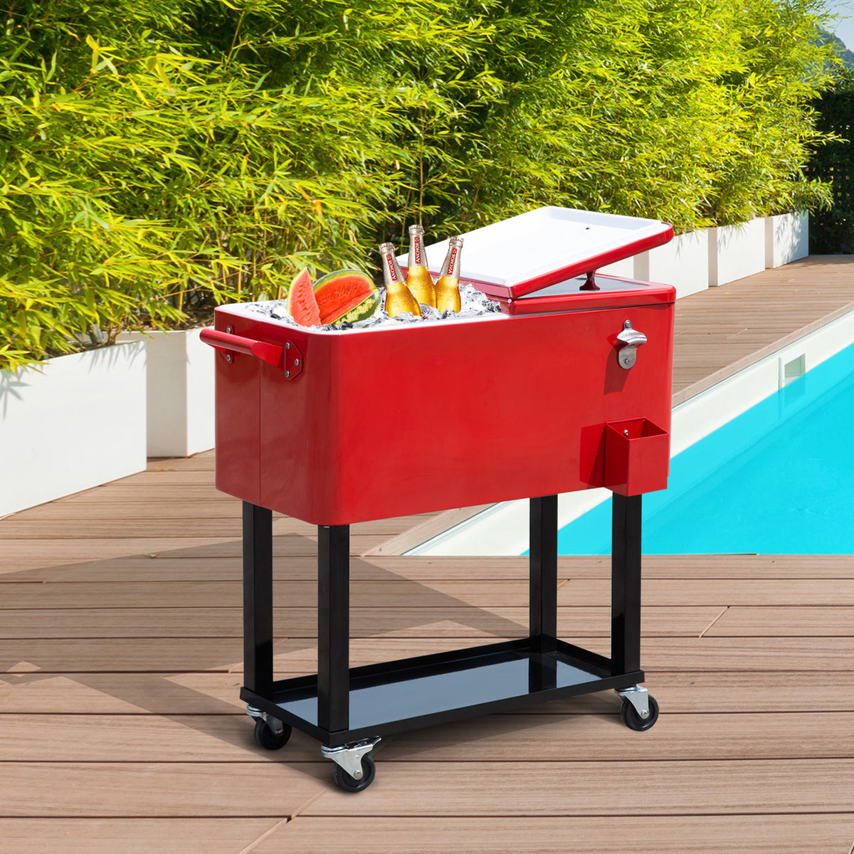 80 QT Rolling Cooler Cart with Wheels Ice Chest Red