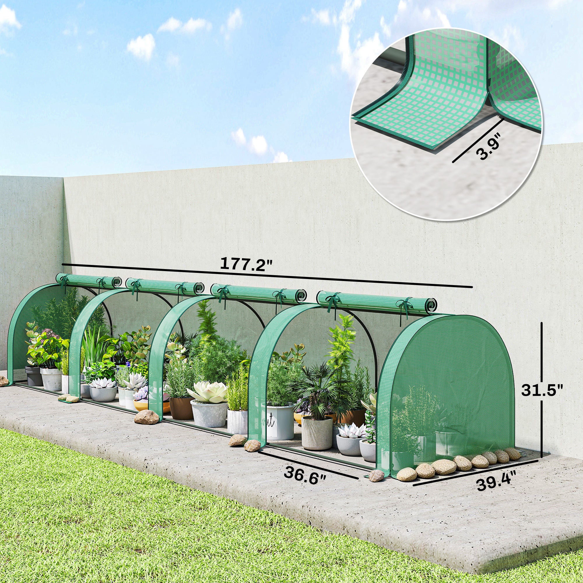 Portable Greenhouse with 4 Roll-Up Doors, PE Cover, 177x39x31in
