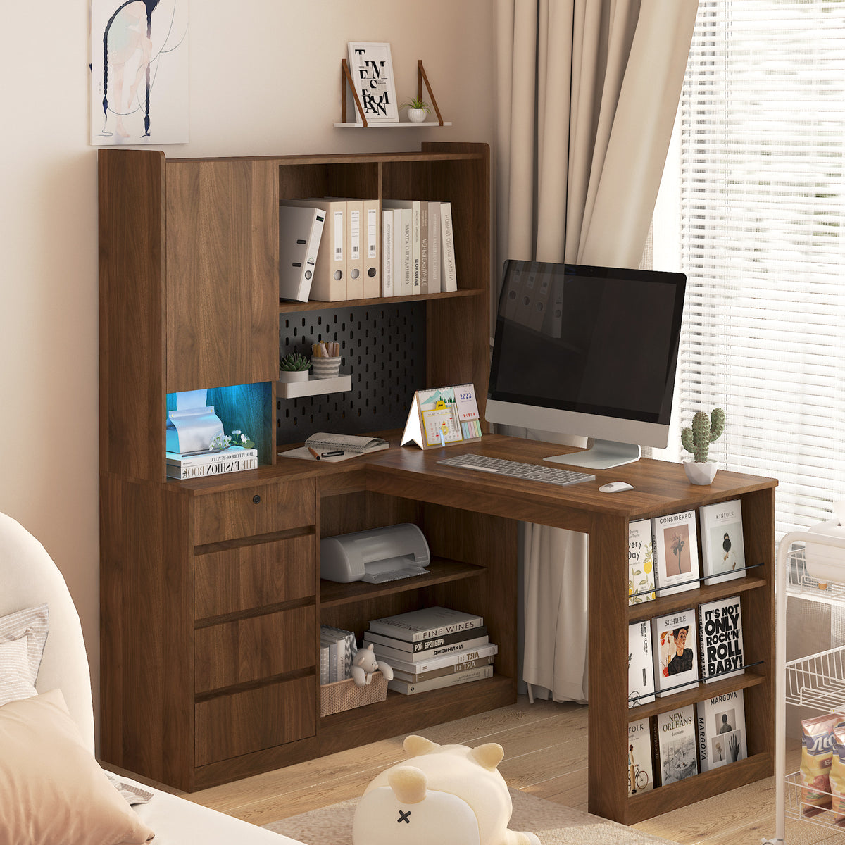 L-Shaped Corner Desk with Drawers and LED Light