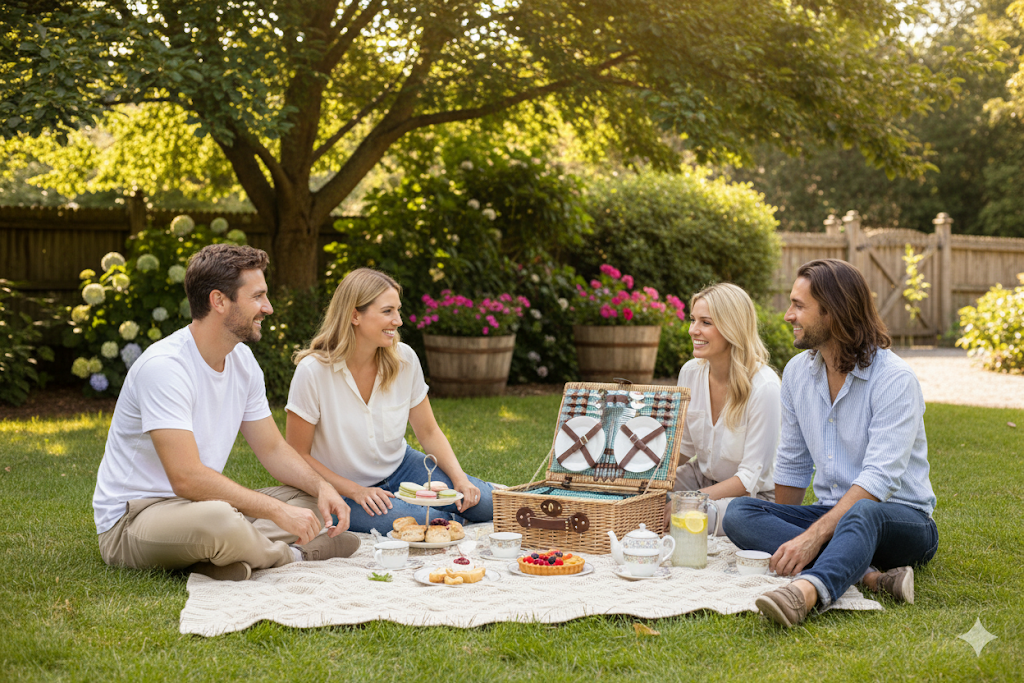 Wicker Picnic Basket Set For Four Gingham Liner