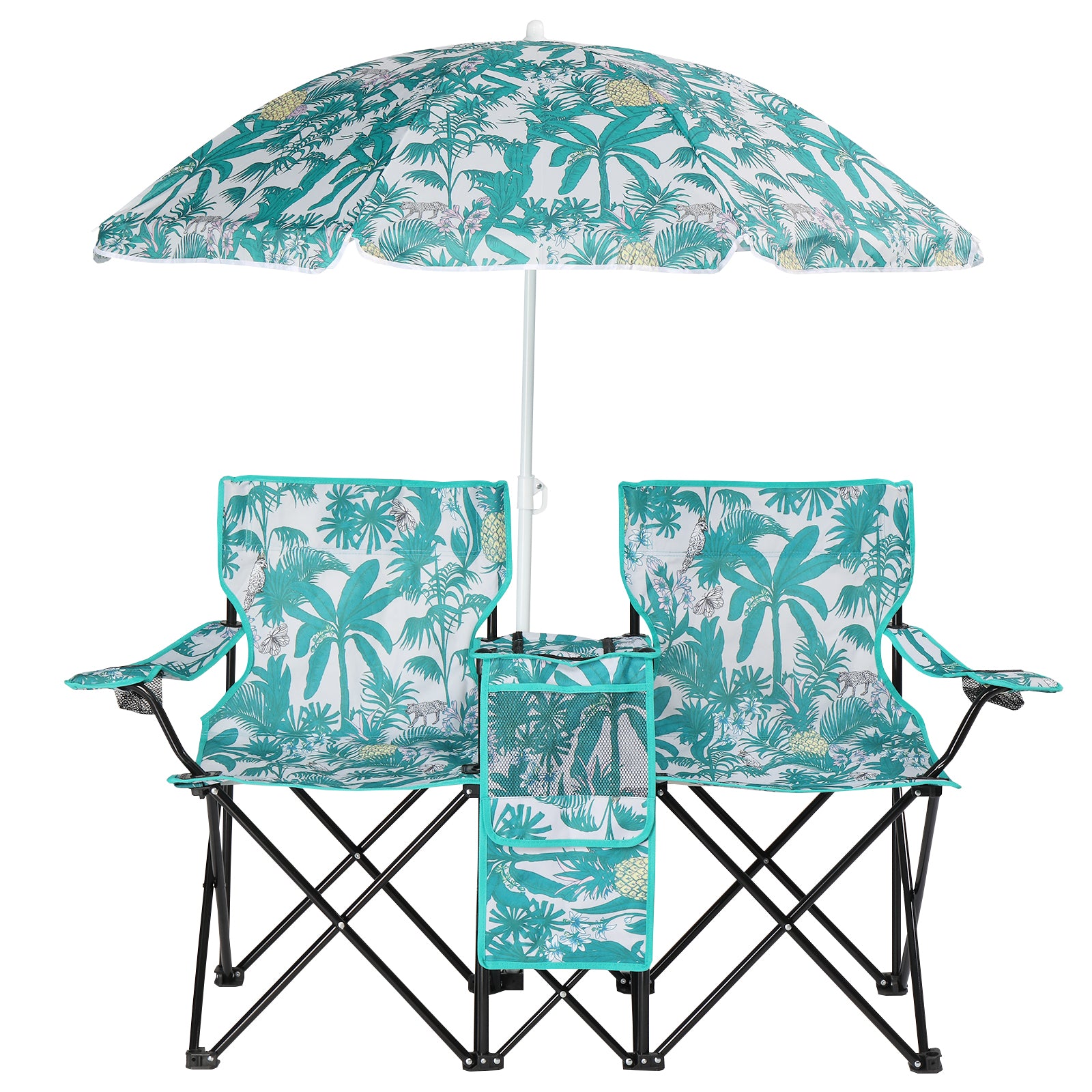 Folding Double Camping Chair with Umbrella & Cooler
