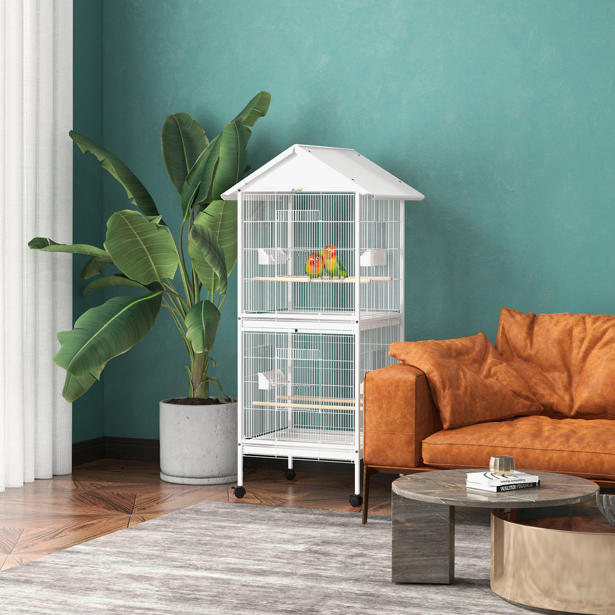 Wrought Metal Bird Cage Feeder With Rolling Stand Perches Food