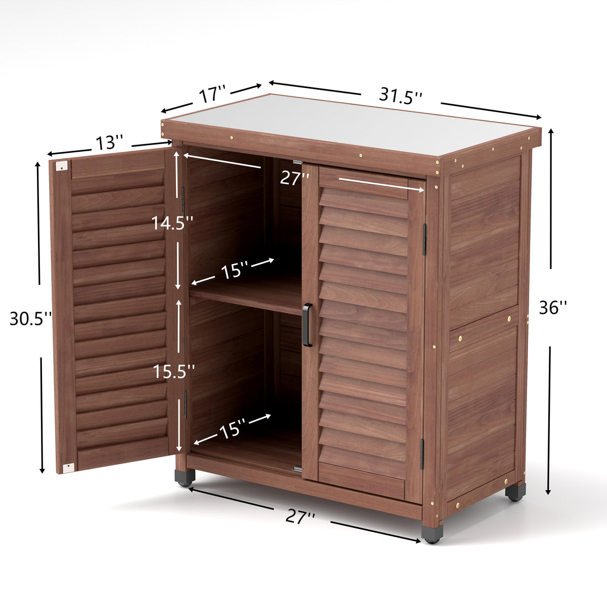 Potting Bench With Storage Cabinet And Metal Table Top For Outdoor