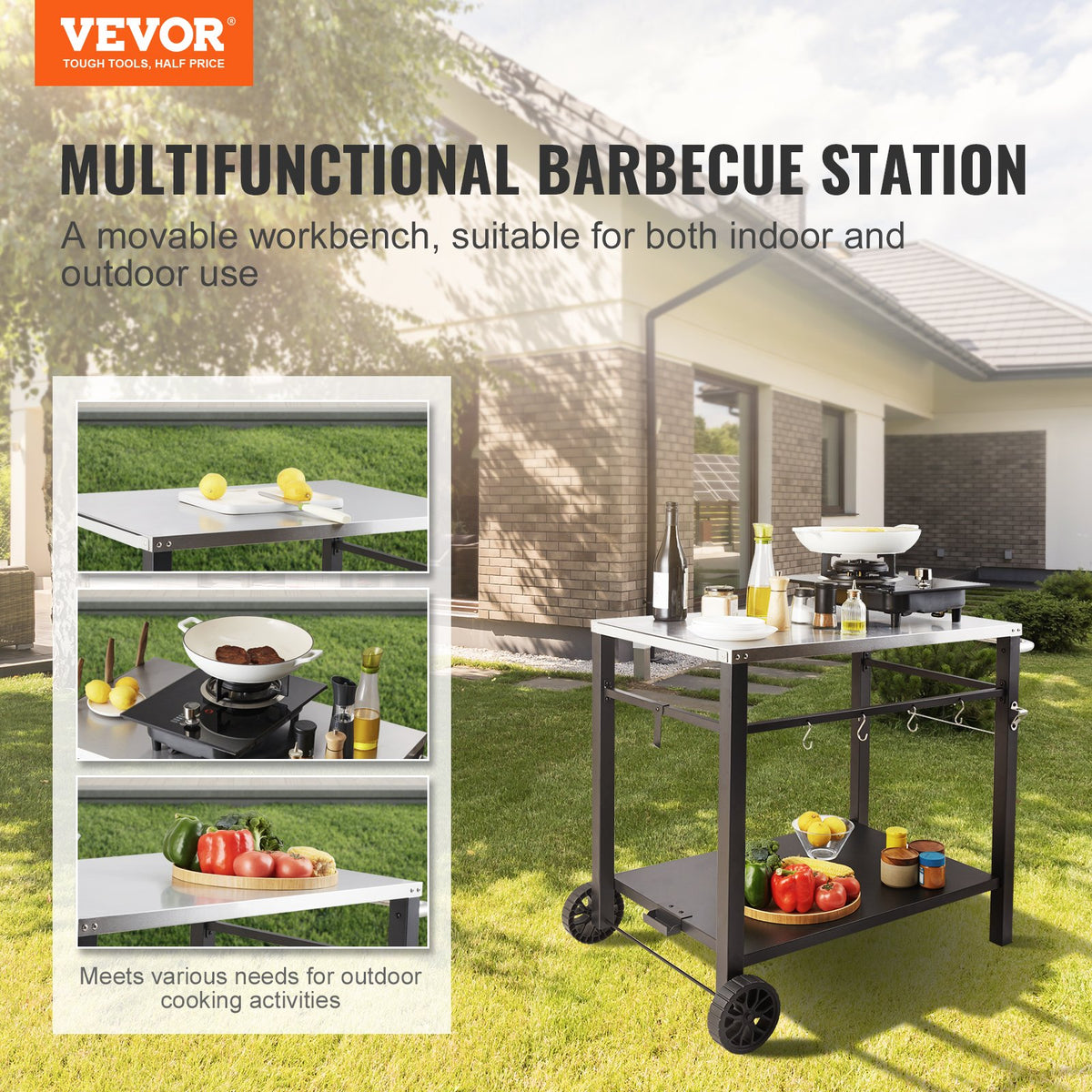 Stainless Steel Outdoor Grill Cart with Double Shelf and Wheels