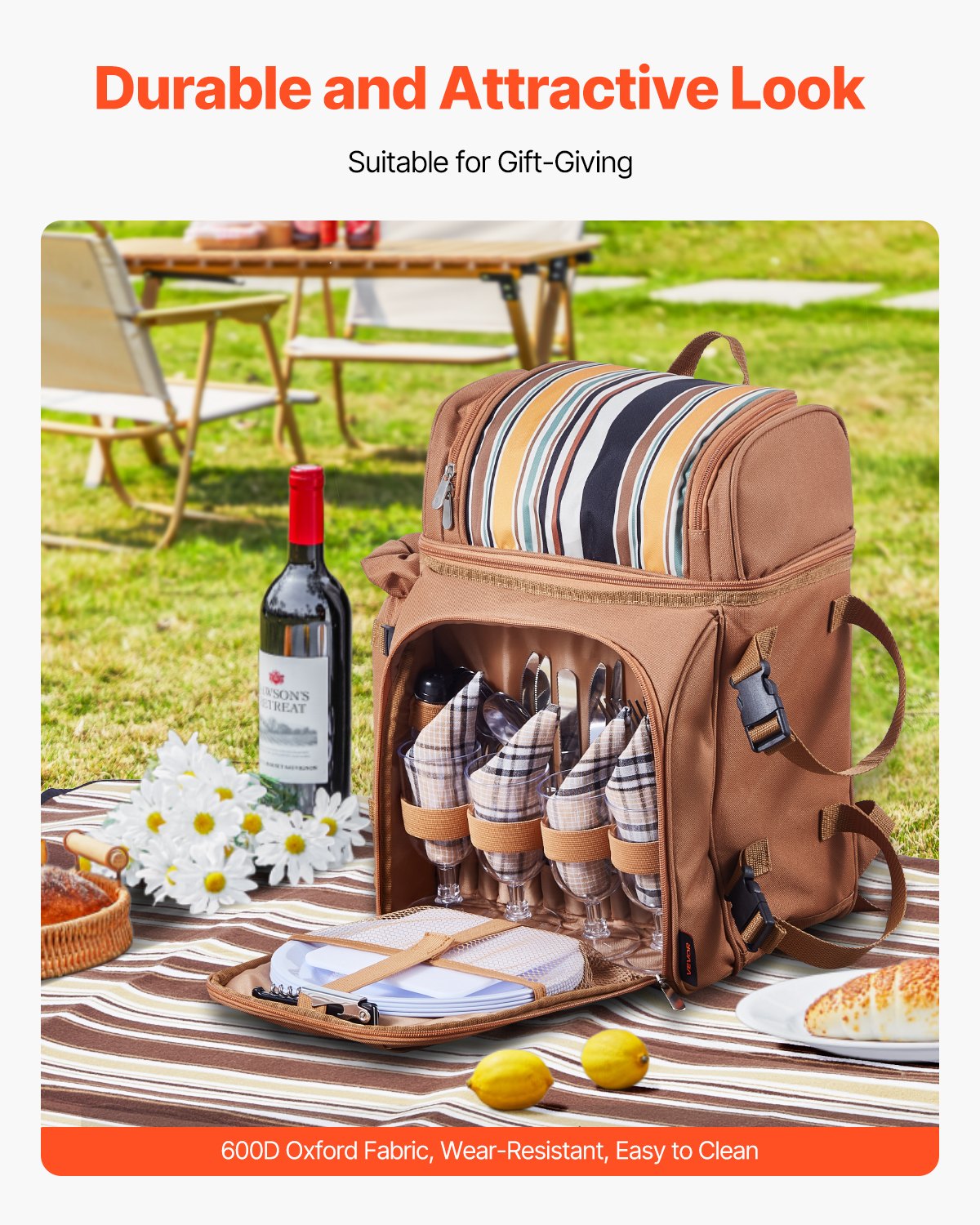 4-Person Picnic Backpack with Cooler Compartment Brown