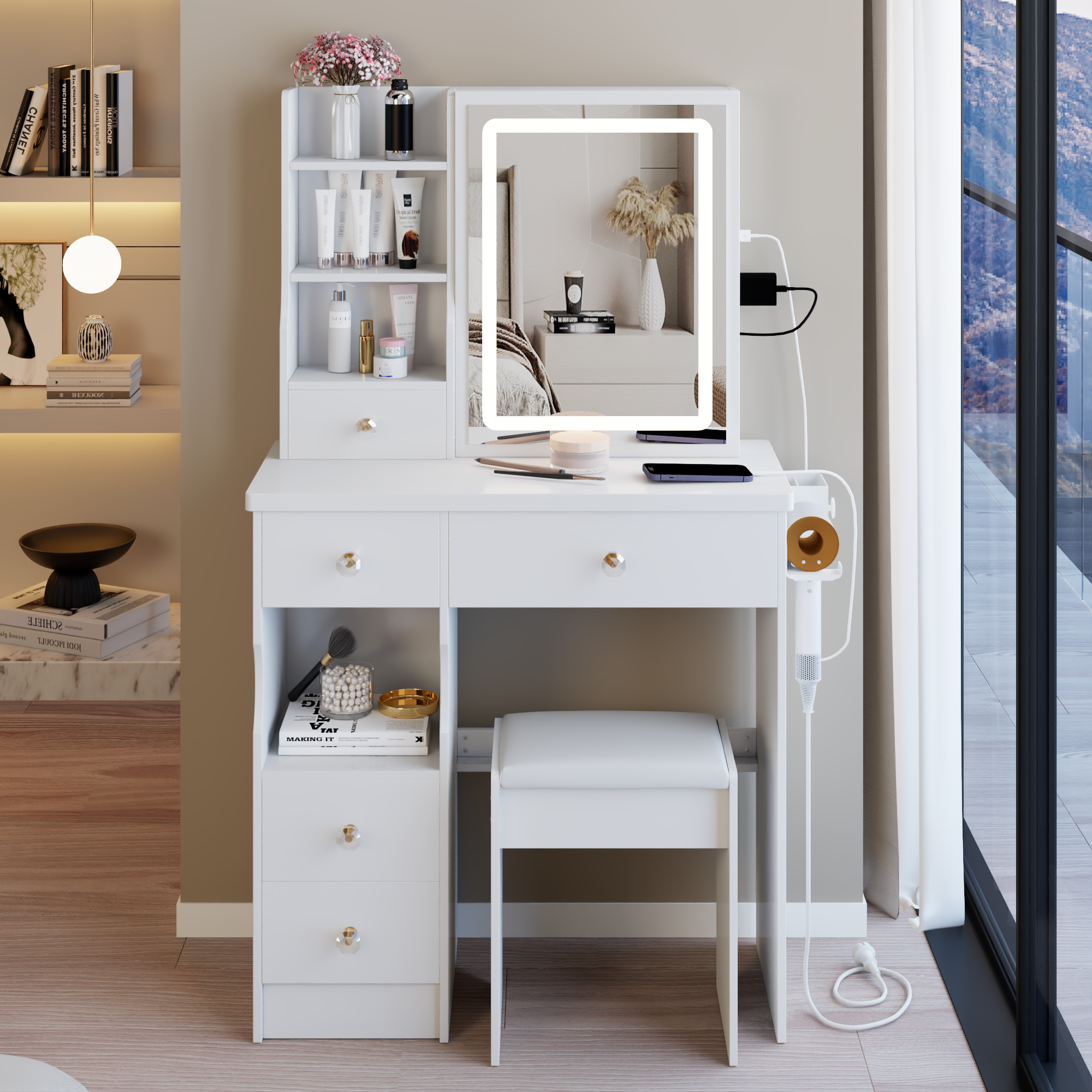 Small Left Drawer Desktop Vanity Table with LED Mirror & Stool