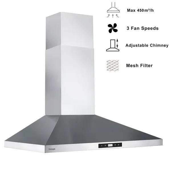 30 Inch Wall Mounted Range Hood 450 CFM Stainless Steel