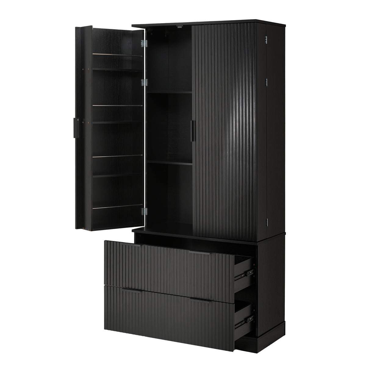 72" Modern Fluted Kitchen Pantry Cabinet With 2 Large Drawers &