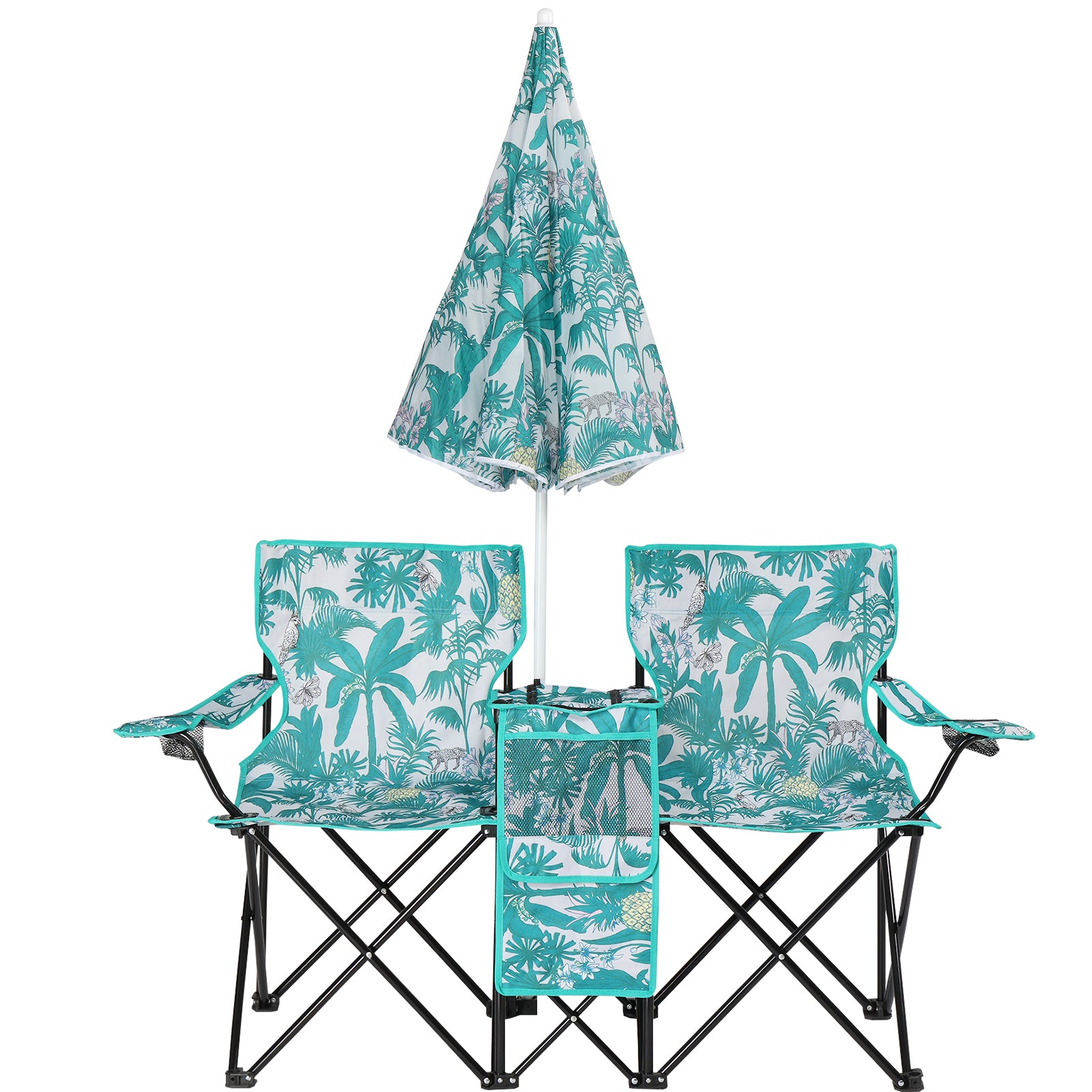 Folding Double Camping Chair with Umbrella & Cooler