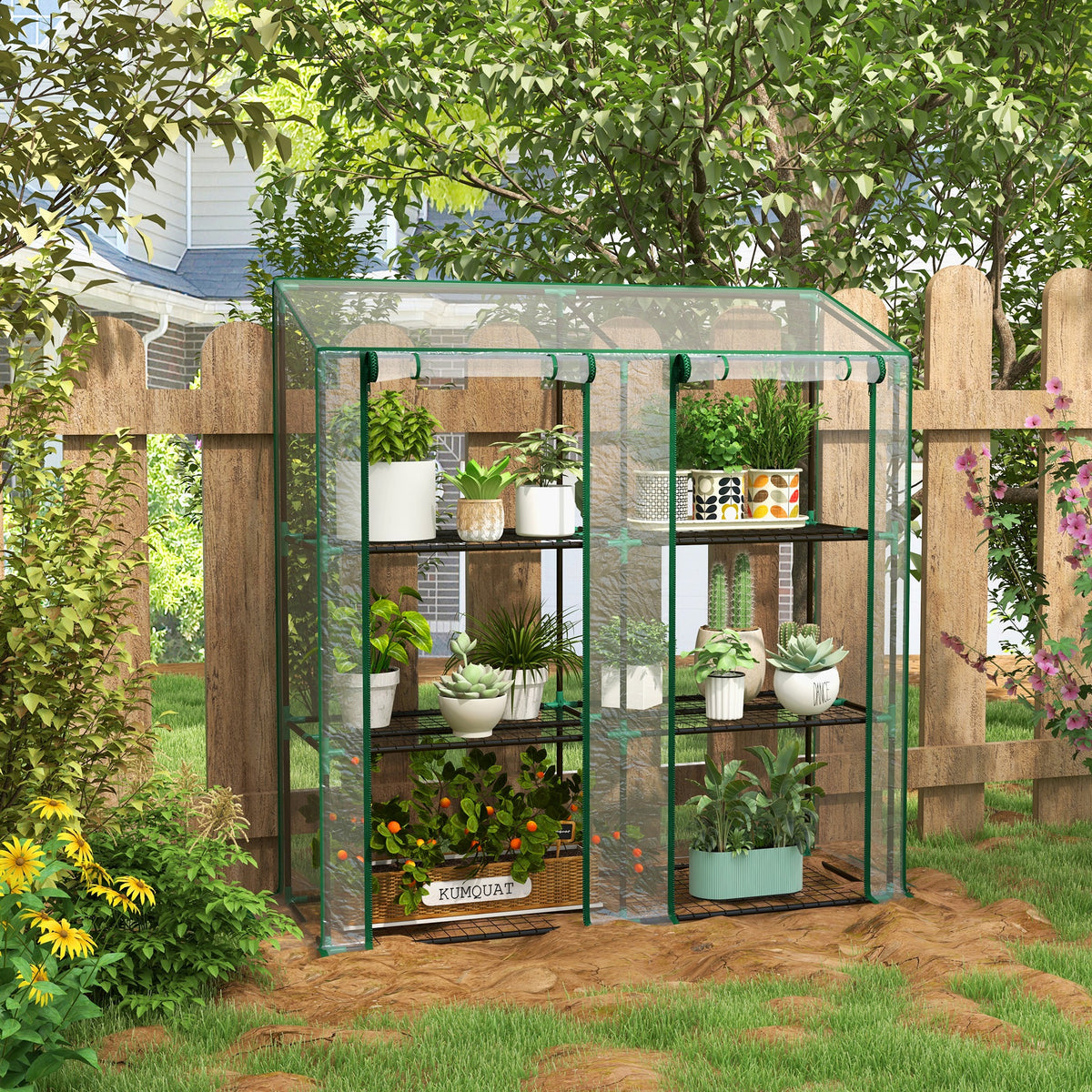 Lean-to Greenhouse with 3-Tier Shelves and Roll-Up Doors
