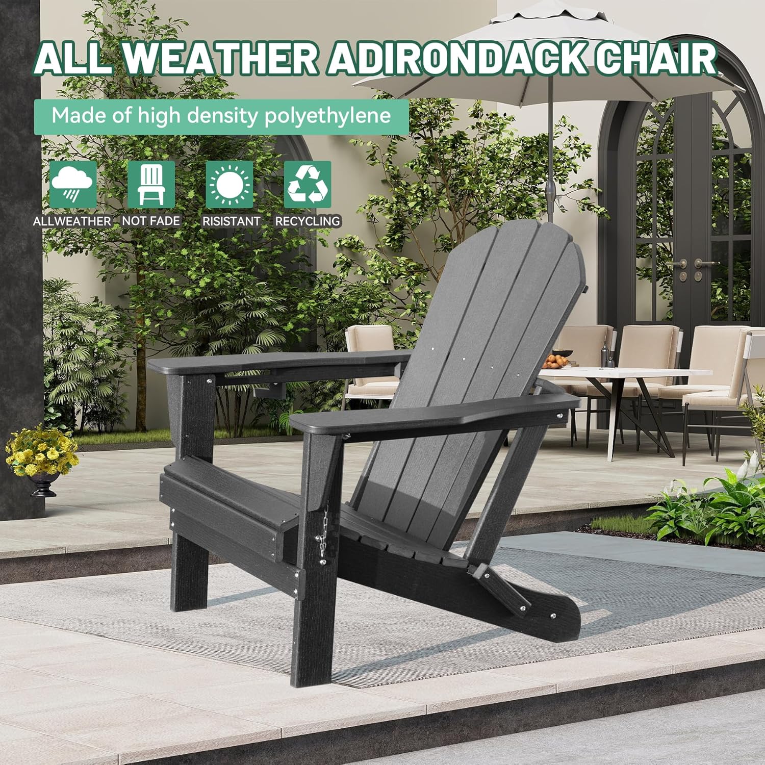 HDPE Plastic Adirondack Chair with Cup Holder - Gray