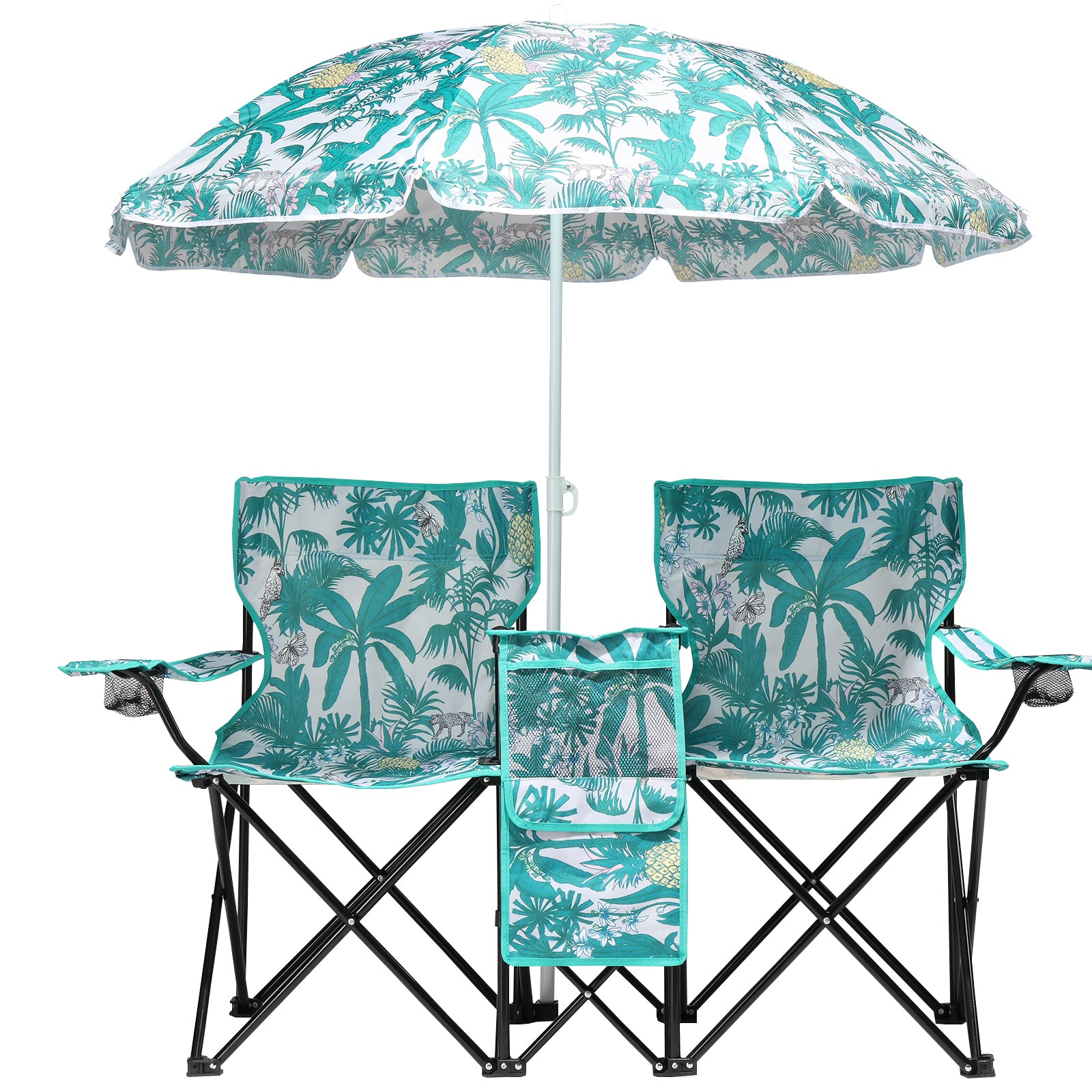 Folding Double Camping Chair with Umbrella & Cooler