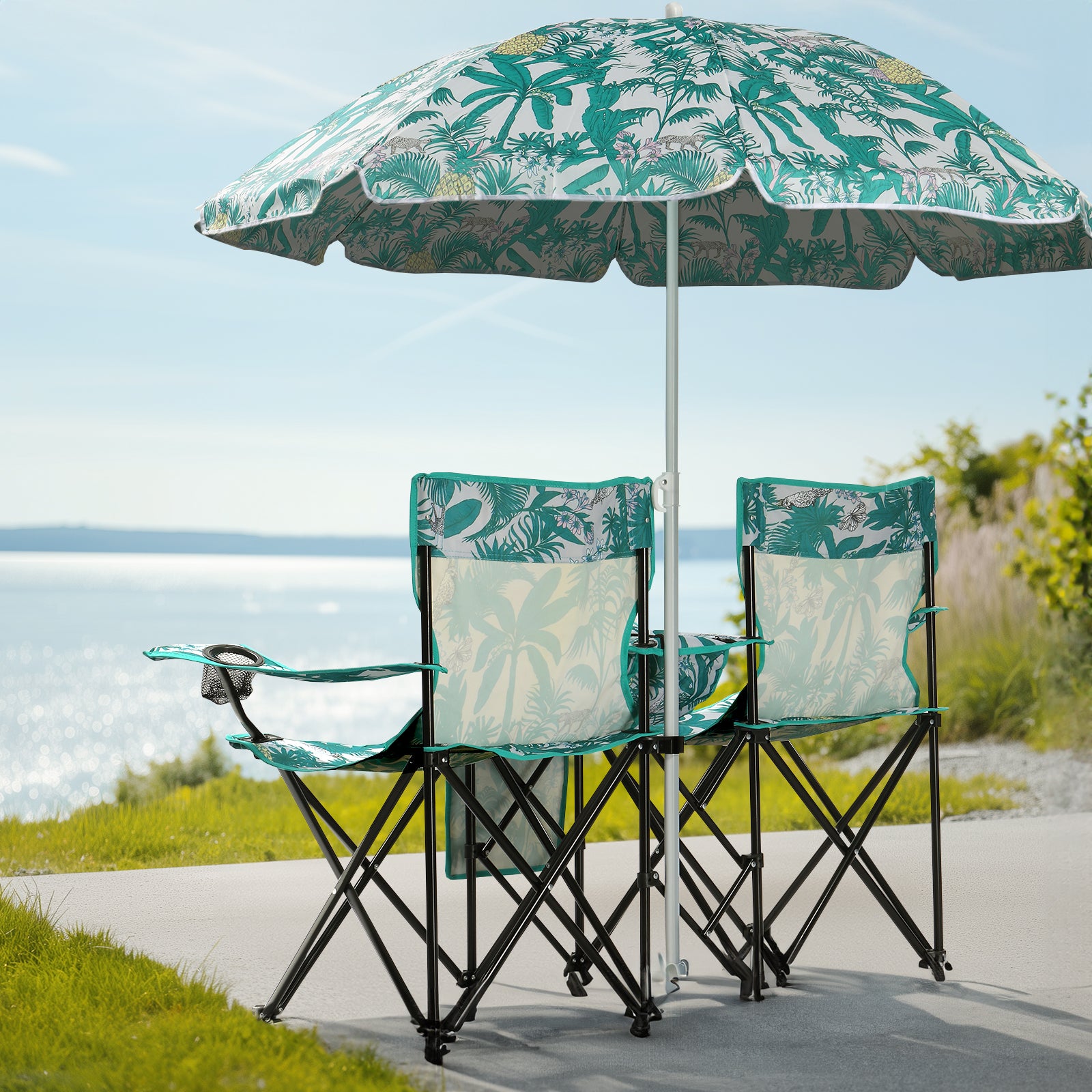 Folding Double Camping Chair with Umbrella & Cooler