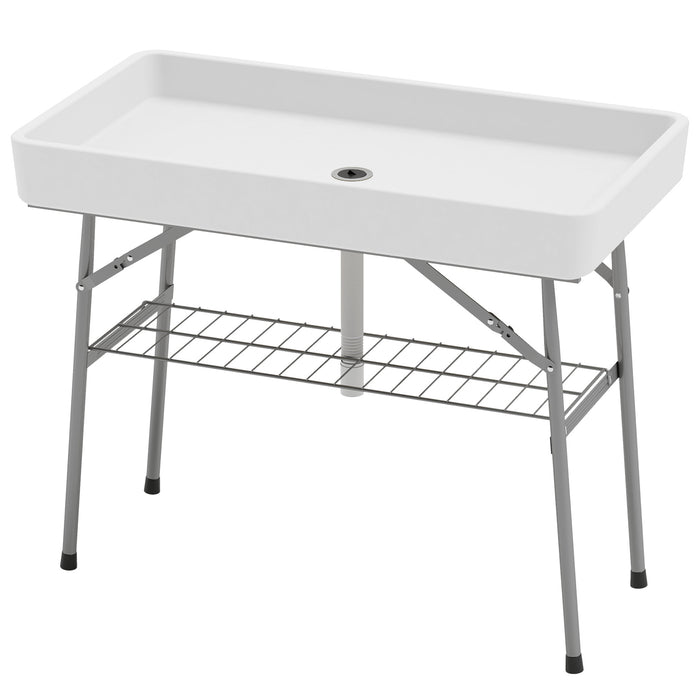 3.4ft Folding Ice Cooler Table with Drain and Storage Shelf