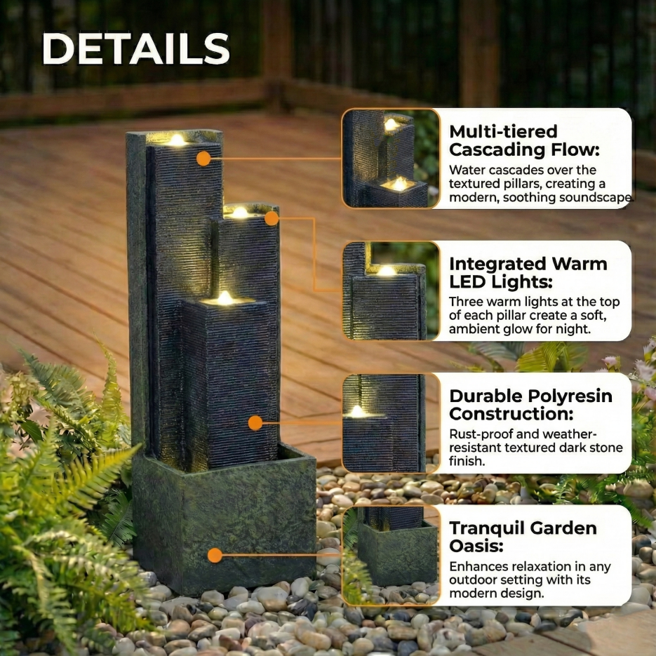39 Inch Outdoor Cascading Water Fountain With LED Lights